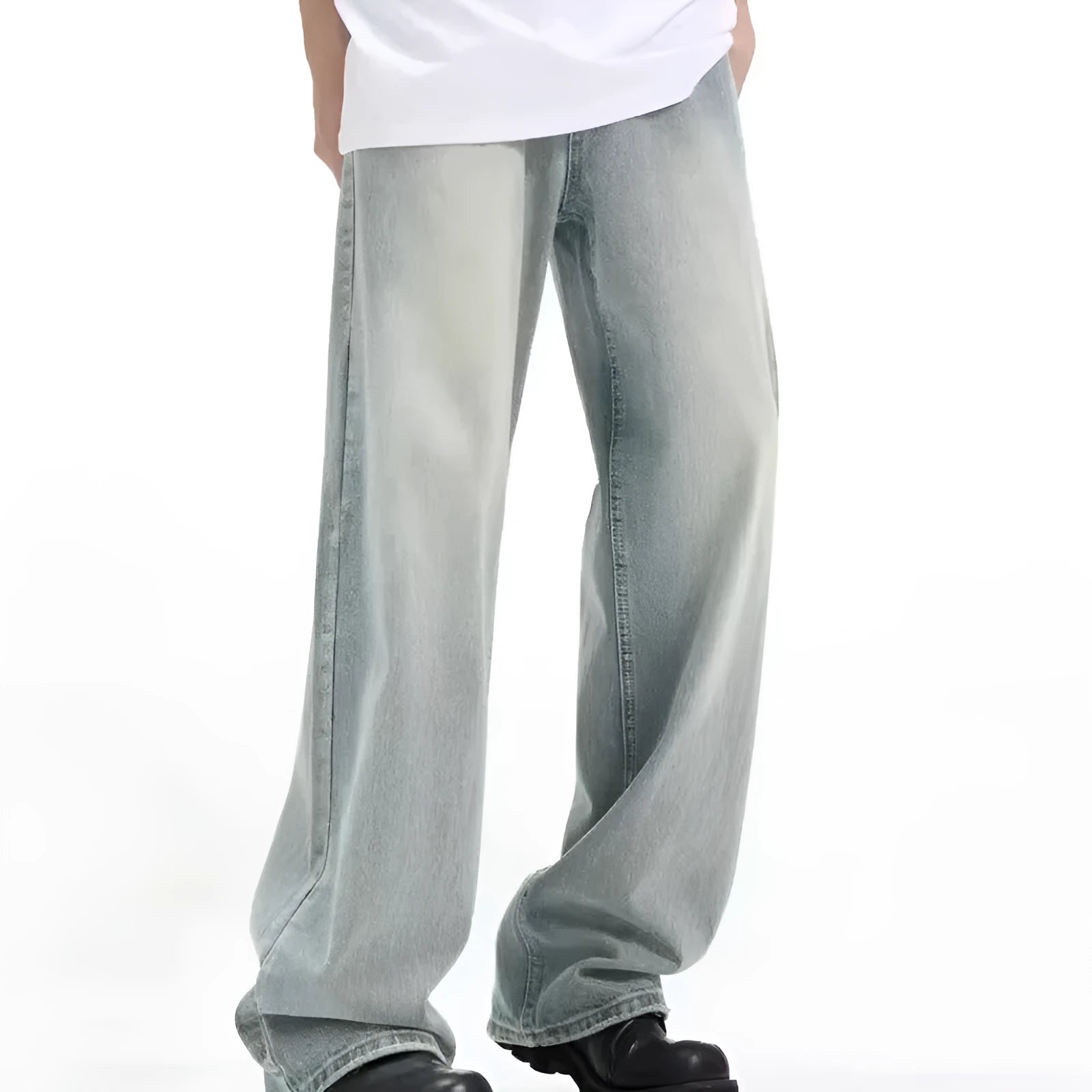 Blue men's loose retro casual trousers made from high-elasticity rabbit fur fabric.