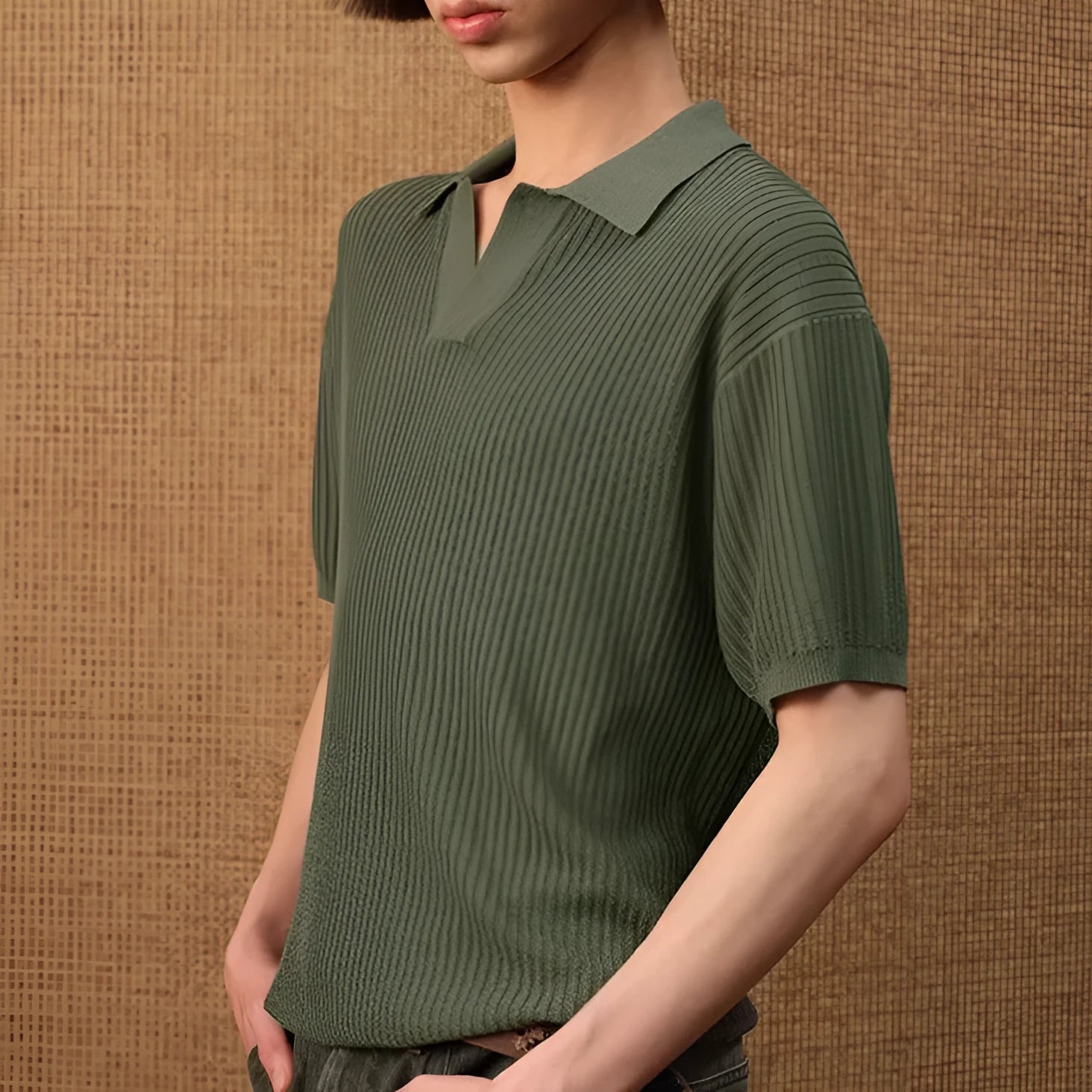 Men's loose fit striped polo shirt in ice silk fabric showing business collar and short sleeves
