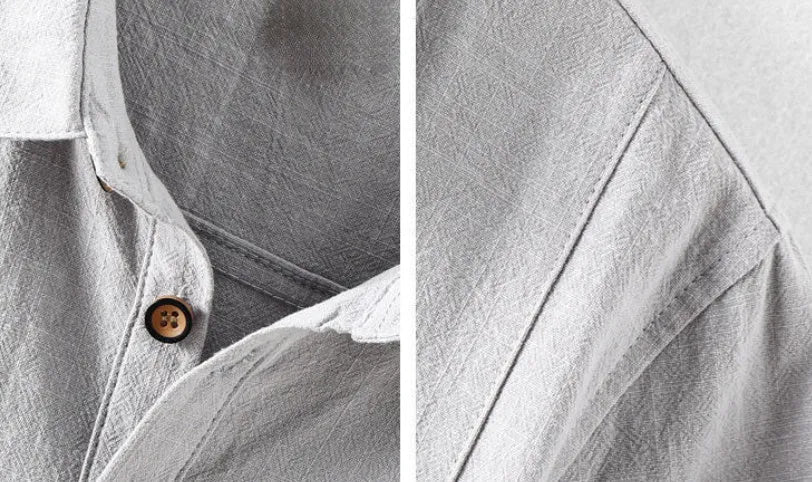 Men's solid colour loose fit casual shirt in cotton and linen blend, shown in light grey.