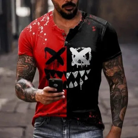 Men's short sleeve sports shirt with 3D printed pattern and lapel button in polyester fabric