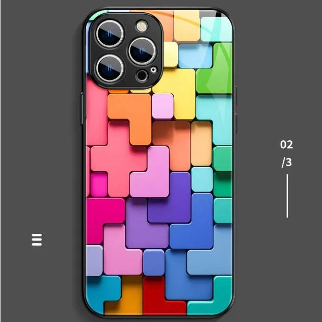 Colourful cartoon geometric design silicone back cover case for iPhone 14 Pro Max on a table.