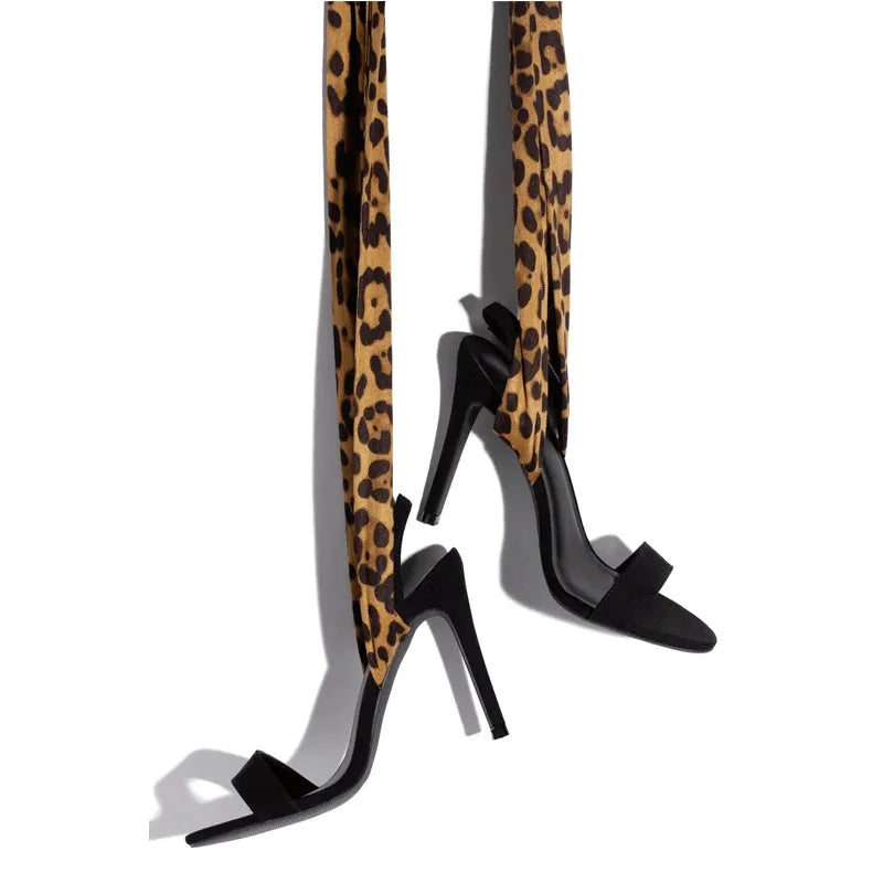 Light brown women's high heels with leopard print pattern and Roman-style cross straps on 8CM+ fine heels