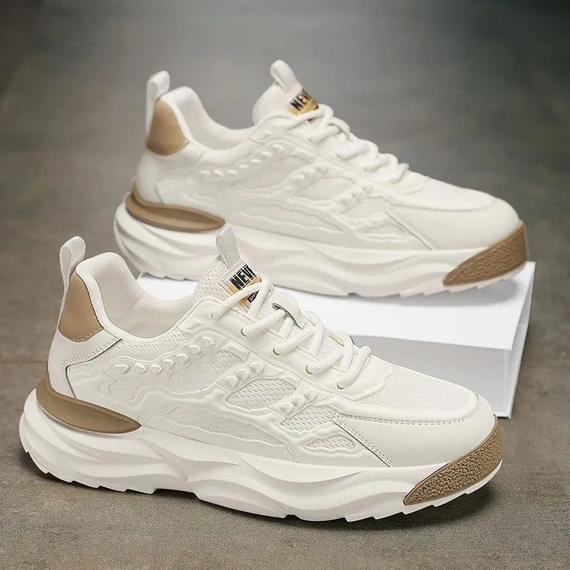 Men's solid colour trainer shoes with PU mesh upper in white or black on a plain background