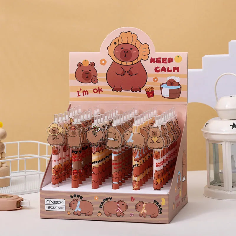 Box of 48 cartoon bear design gel pens with plastic shells and carbon black ink.