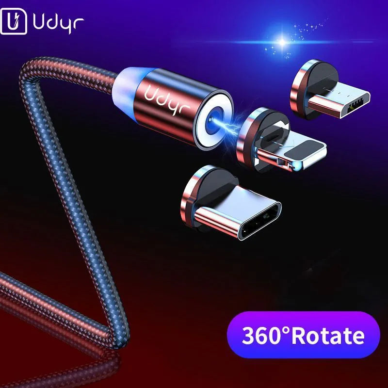 Black magnetic data cable with detachable magnetic heads for Apple, Android, and TYPE-C devices.