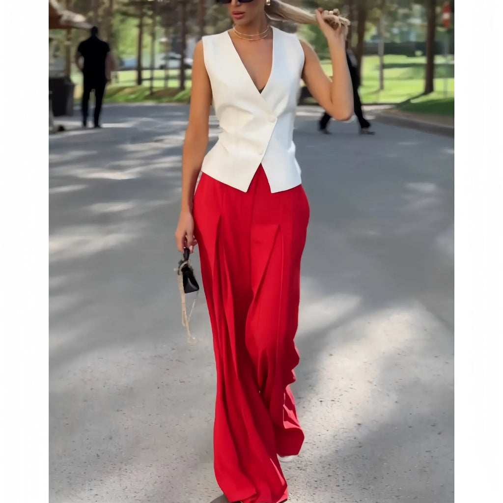 Women's beige polyester two-piece set with deep V-neck sleeveless top and high-waist wide-leg trousers