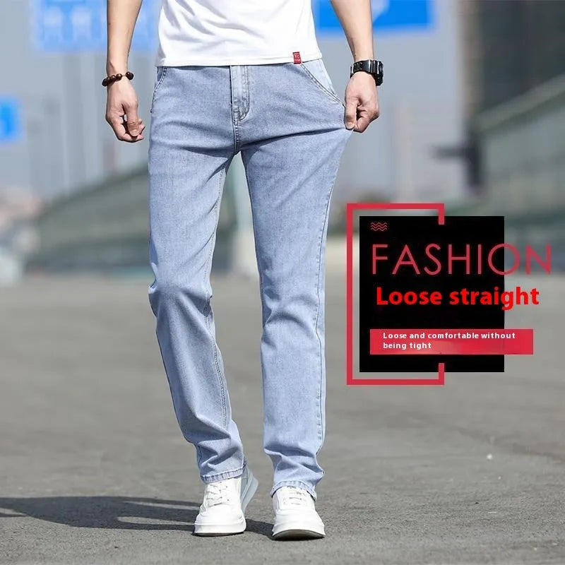 Men's smoky gray low-waist straight-leg jeans made from elastic rabbit fur fabric with a zip fly.