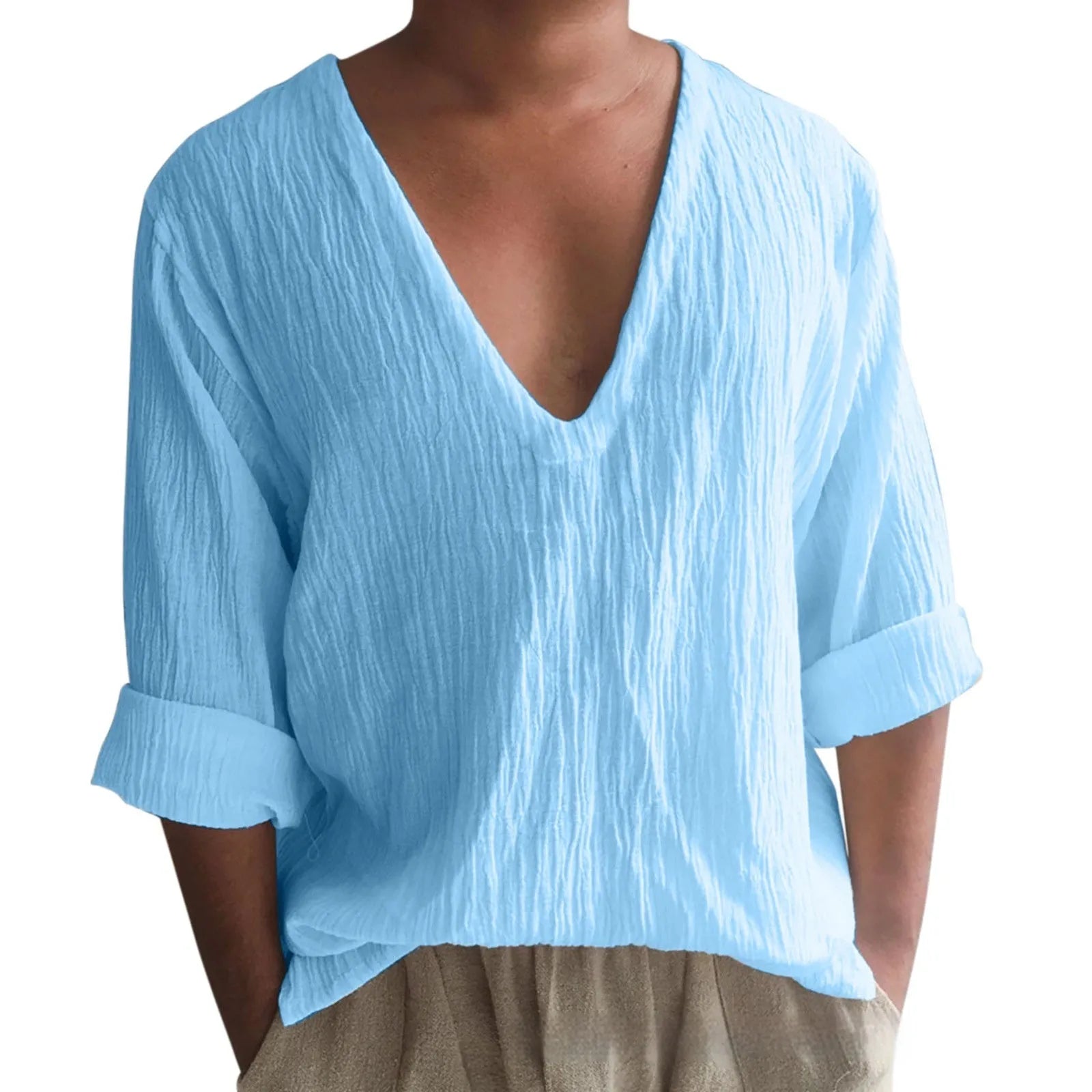 Men's long sleeve V-neck washed cotton t-shirt in solid colours with British style design