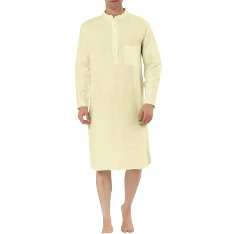Men's cotton shirt robe with a front pocket, shown in one of nine available colours.