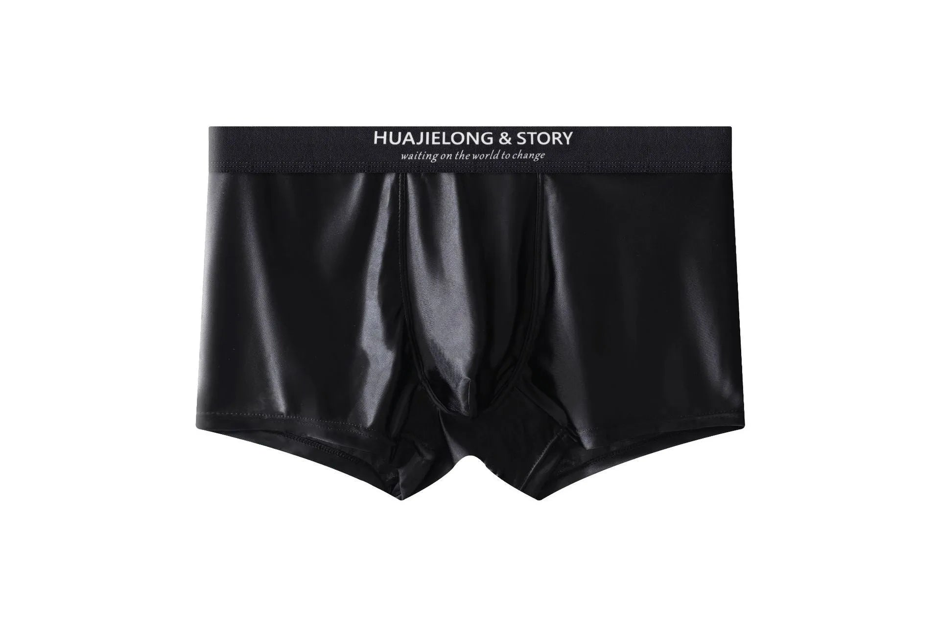 Men's ice silk satin boxer shorts on a white background, showing mid-waist design.
