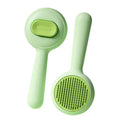 Stainless steel pet grooming brush with a coloured non-slip plastic handle for cats and dogs.
