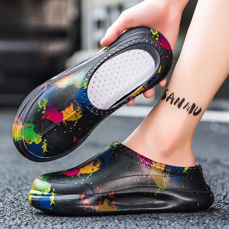 Men's black waterproof platform pump chef shoes with goodyear sole and toe cap design