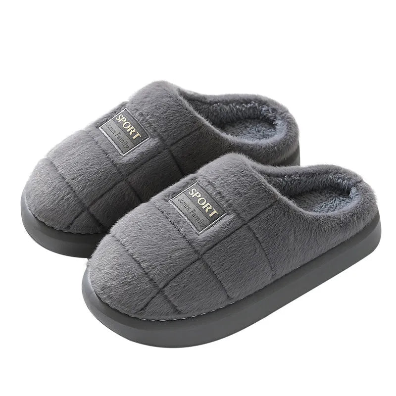 Men's grey brown household slippers with artificial wool lining and thick EVA sole