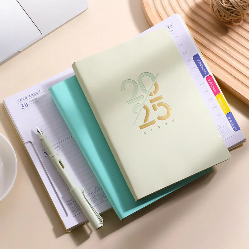 A5 soft faux leather daily schedule book open showing Dorian paper pages