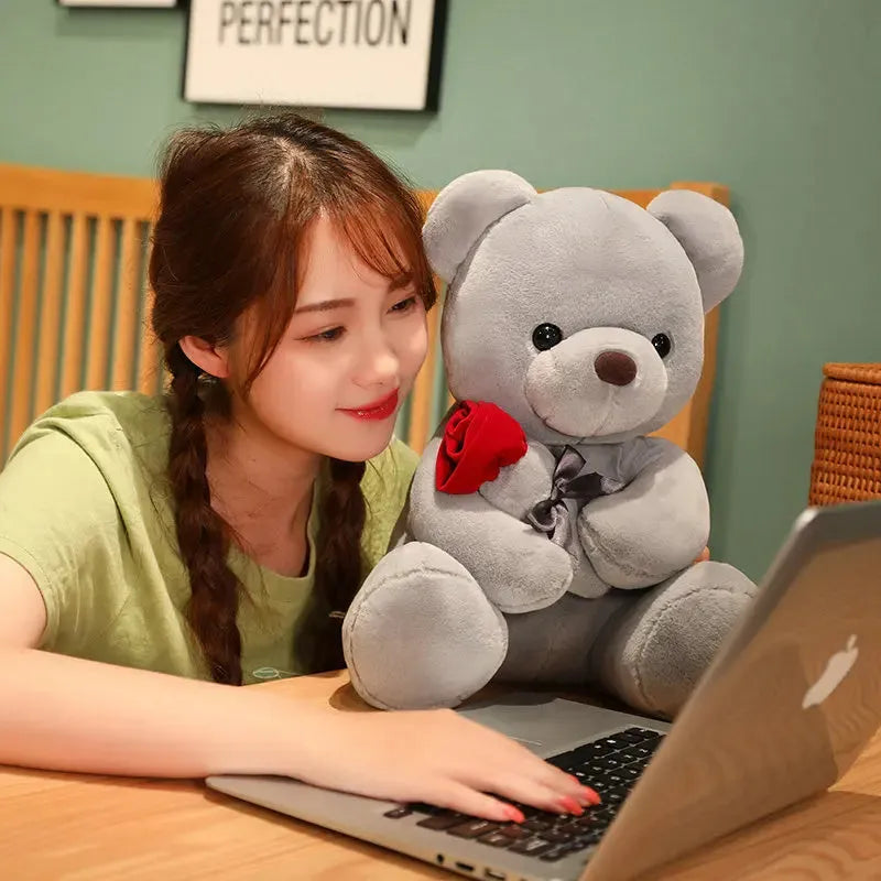 Plush teddy bear pillow in rose bear colours with cartoon design, shown in 25cm, 35cm and 45cm sizes