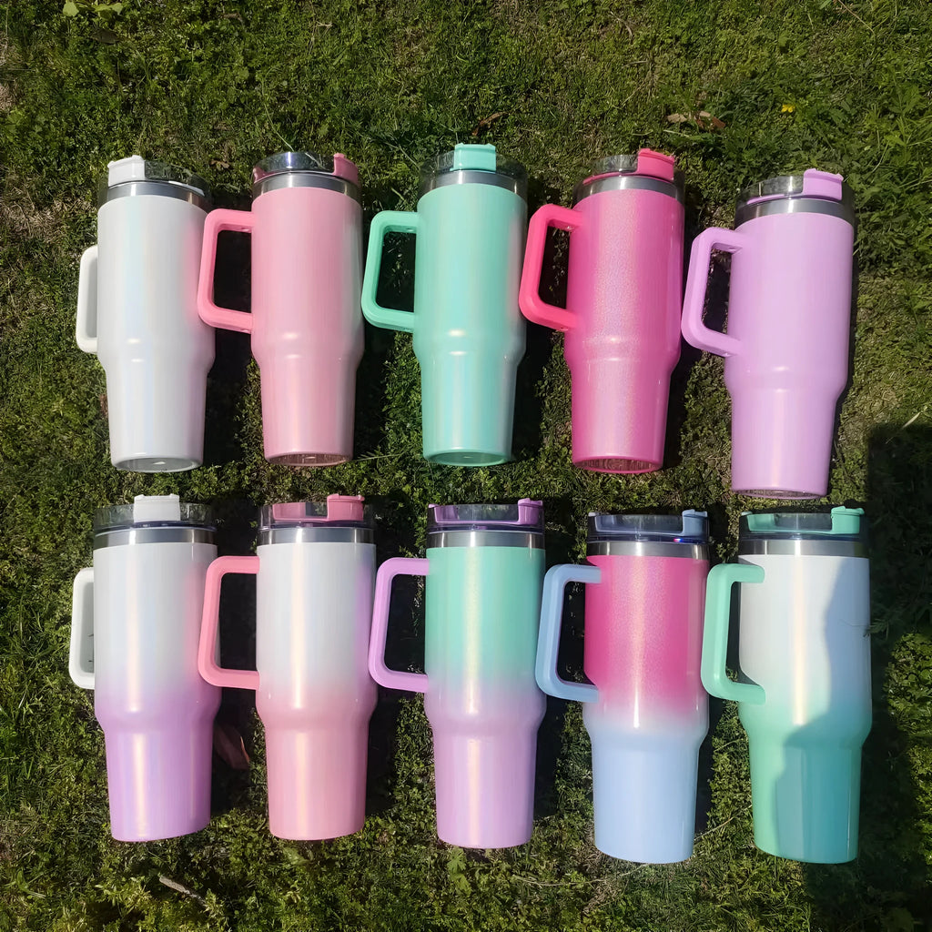 Large stainless steel vacuum insulation cup with double-layer construction in rainbow colour option