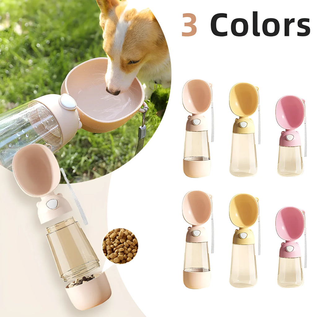 Portable dog water bottle and food container in yellow, pink, and brown colour options.