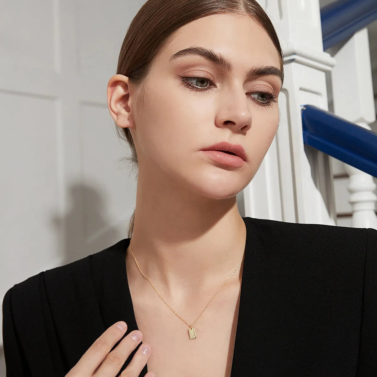 Square small hangtag necklace 925 sterling silver pendant women's cross chain geometric cold wind