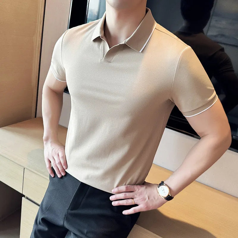 Men's solid colour short sleeve polo shirt in a cotton blend, shown in apricot colour.
