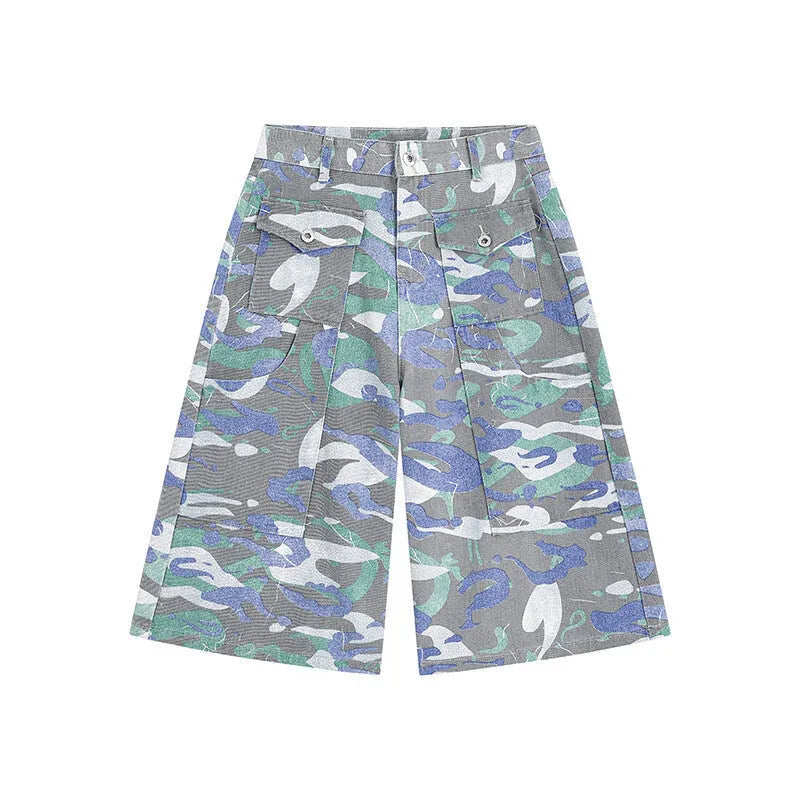 Camouflage print denim cargo trousers with multiple pockets and cropped straight-leg cut