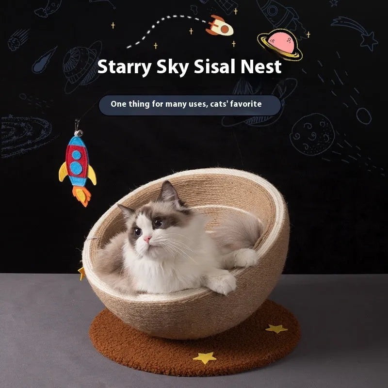 Large cat scratching board with integrated flannel-lined bed in starry sisal nest design
