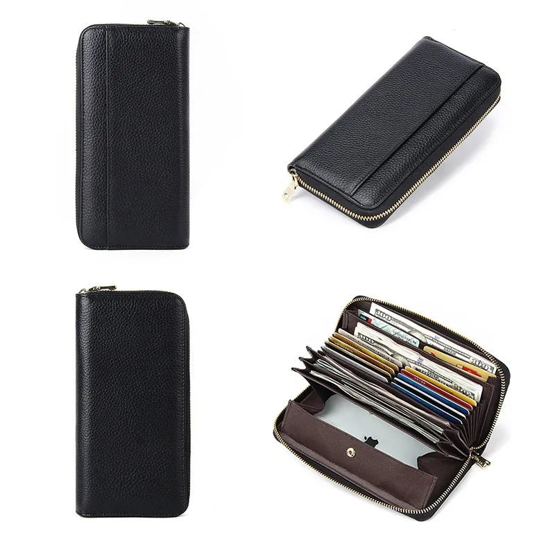 Genuine leather long wallet in six colour options showing large capacity and anti-theft card swiping function