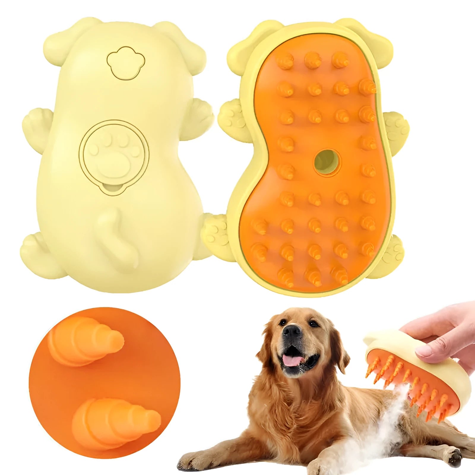Steam generating pet grooming brush for cats and dogs on a white background.