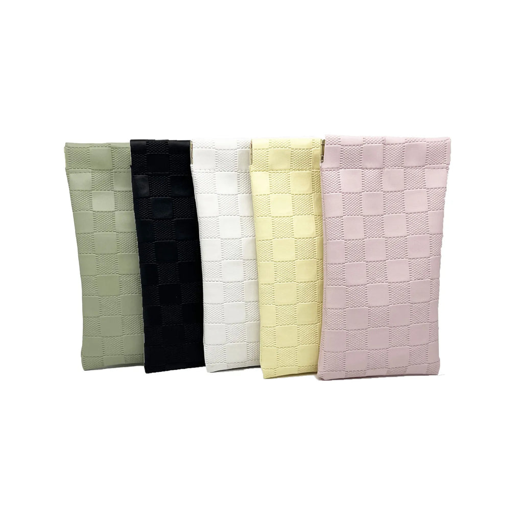 Leather glasses case with automatic snap closure in a colour option, lying flat