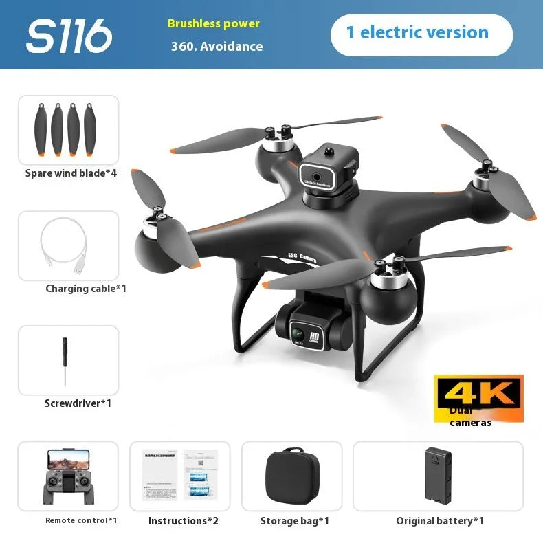 S116 brushless UAV drone with obstacle avoidance sensors and HD camera in black or white colours