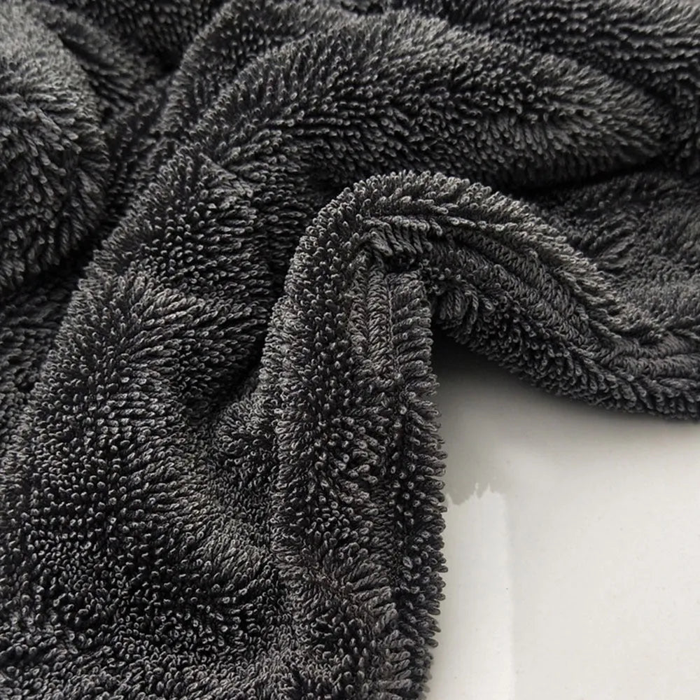 Grey square microfiber car wash towel laid flat, showing its 40x40 cm size.