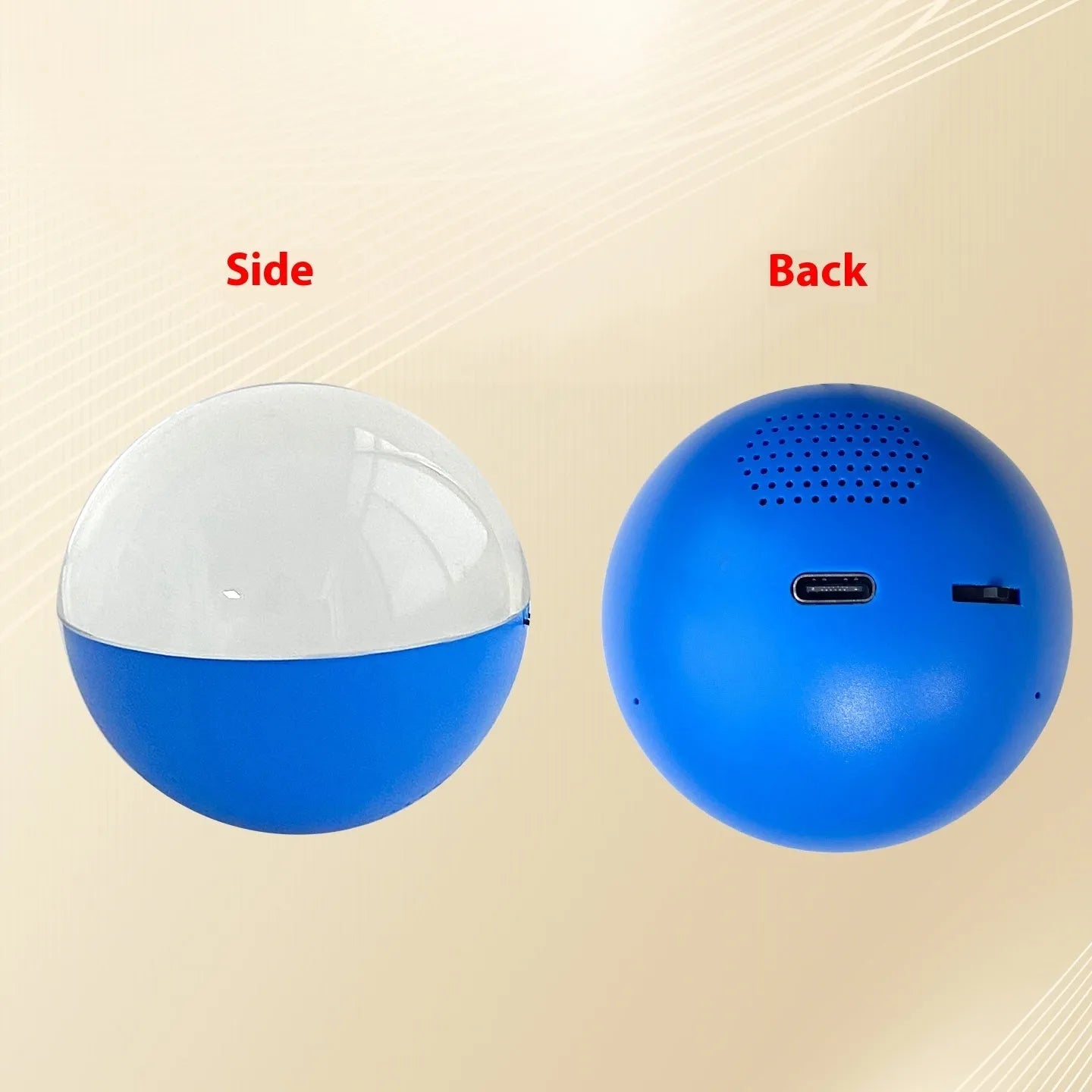 Handheld round electronic video player with central dial, shown in blue.