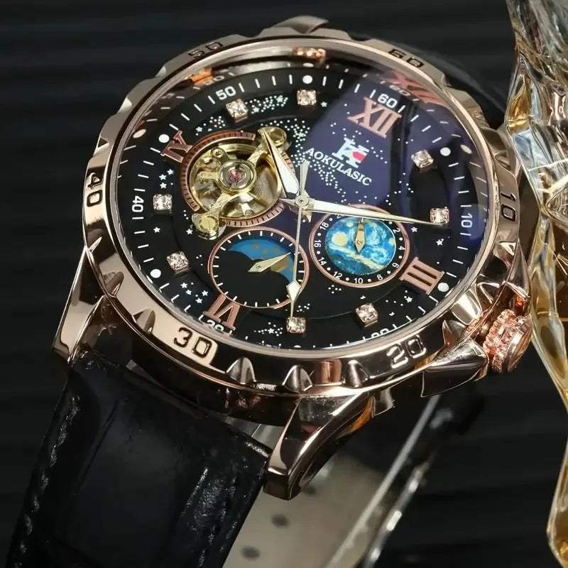Men's black and rose gold automatic mechanical watch with hollow skeleton dial visible