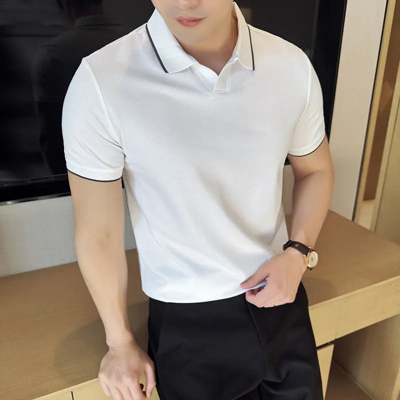 Men's solid colour short sleeve polo shirt in a cotton blend, shown in apricot colour.
