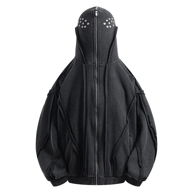 Black loose zip hooded coat with abstract pattern and padded cotton construction