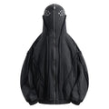 Black loose zip hooded coat with abstract pattern and padded cotton construction