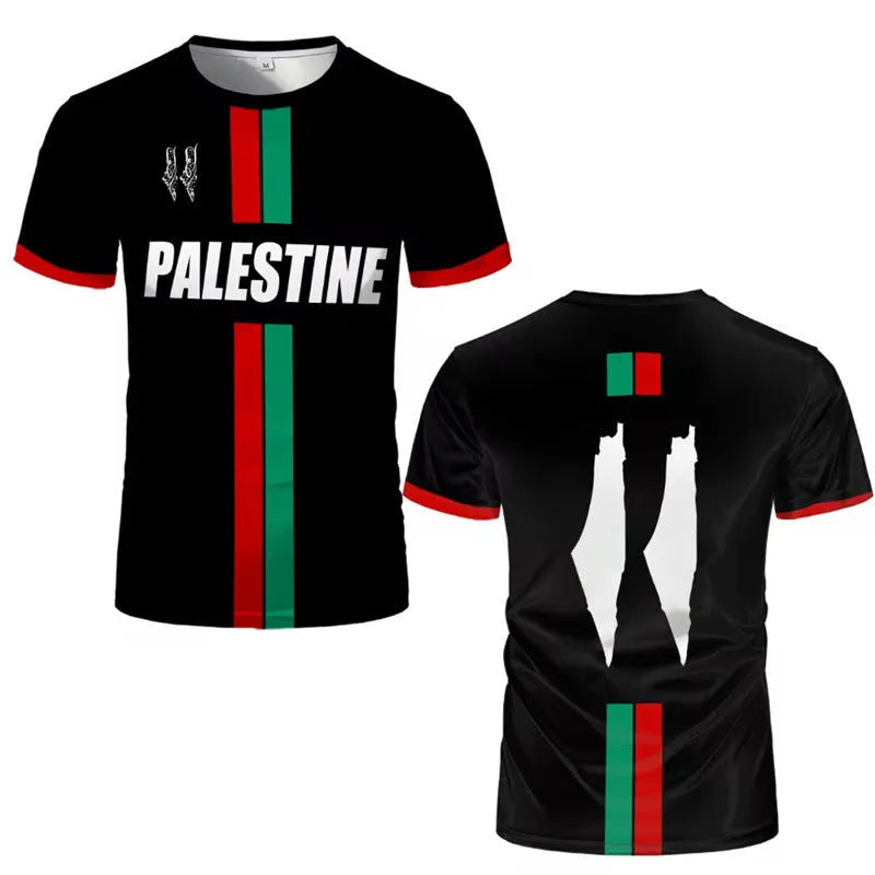 Black 3D printed football t-shirt with stereoscopic pattern design showing street fashion style