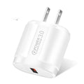 White and black smart charger for mobile phones with compact dimensions and multiple plug options