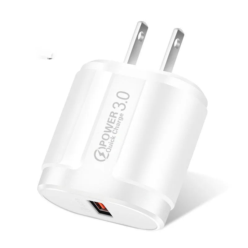 White and black smart charger for mobile phones with compact dimensions and multiple plug options