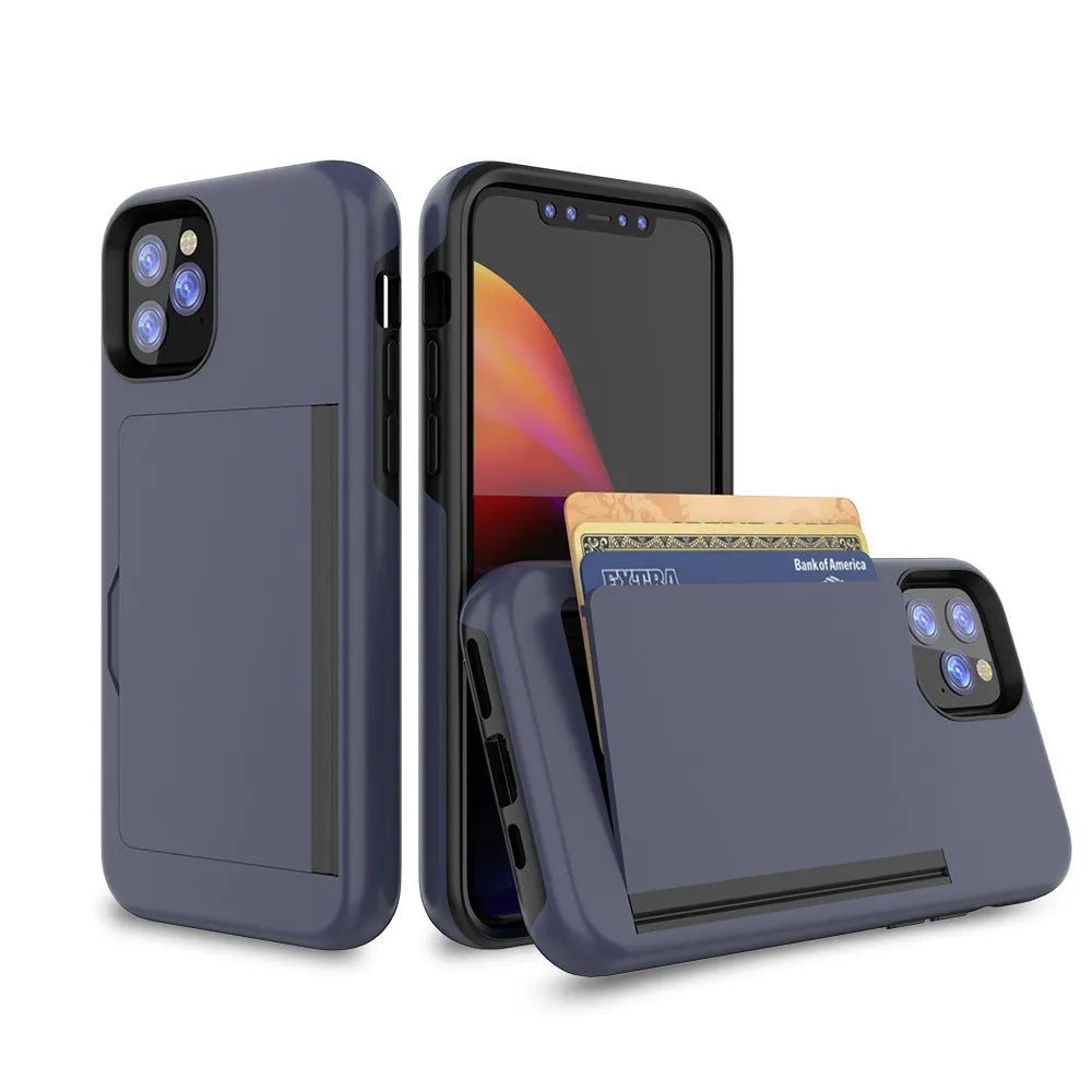 Slim black protective phone case for Apple iPhone 11, shown alongside red and blue colour options.