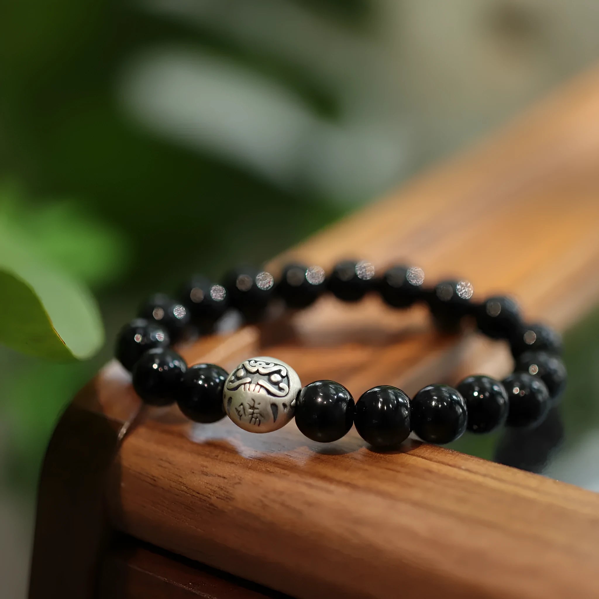 10mm black agate bead bracelet with sterling silver components in Chinese style