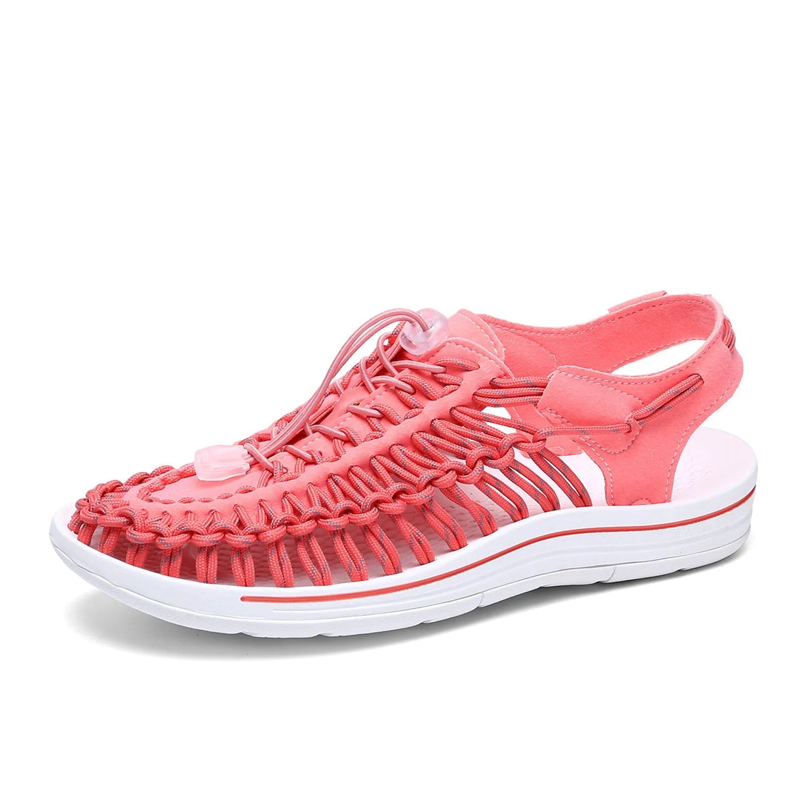 Woven drawstring tie Roman sandals in rainbow colour with elastic closure and rubber sole