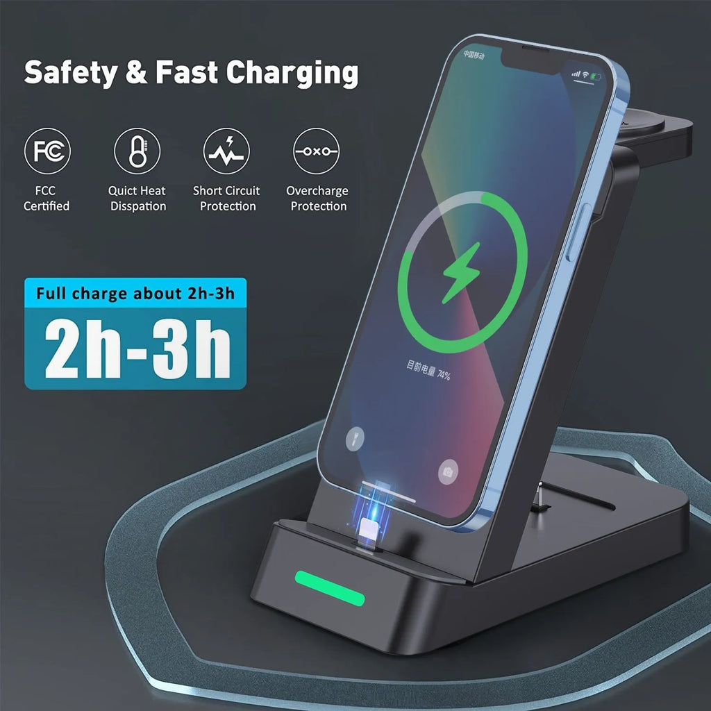 Black and white 3-in-1 wireless charging station with phone stand for iPhone and Samsung.