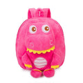 Blue baby dinosaur plush backpack with embroidered detail and a soft handle.