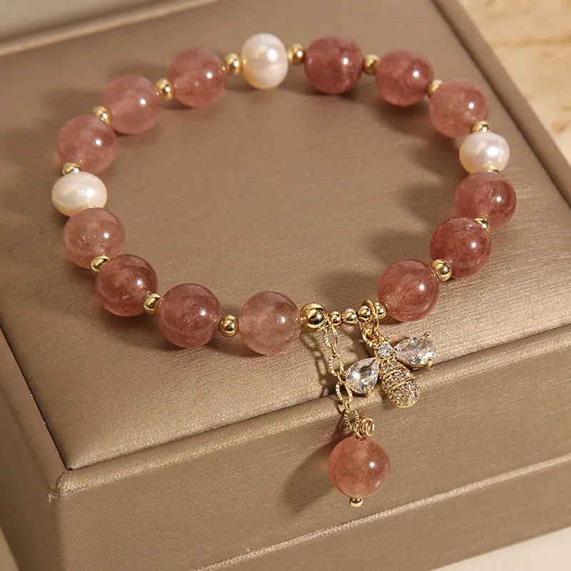 Freshwater pearl and strawberry quartz bracelet for women with zircon accents on alloy links