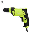Pistol grip electric power drill on a workbench with a 10mm drill bit.