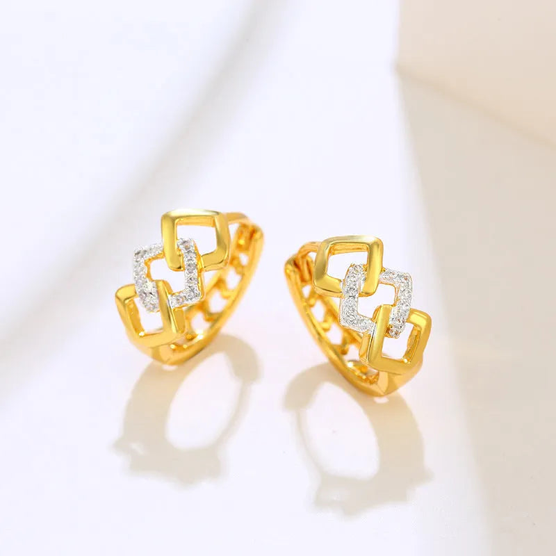 Gold geometric hollow-out alloy earrings with colour separation ear clips