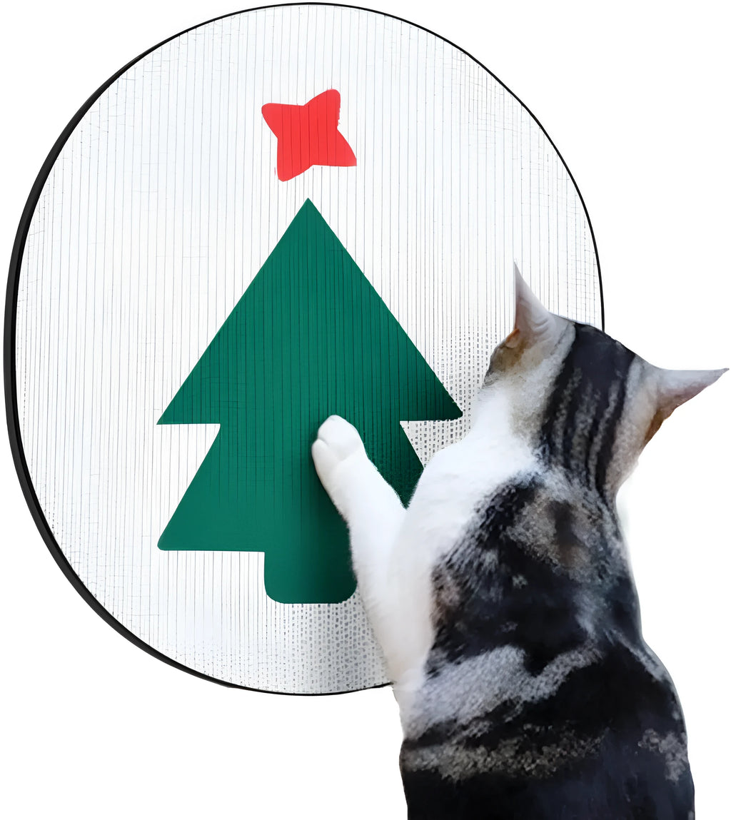 Wall-mounted corrugated cardboard cat scratcher with a decorative design on a wall.