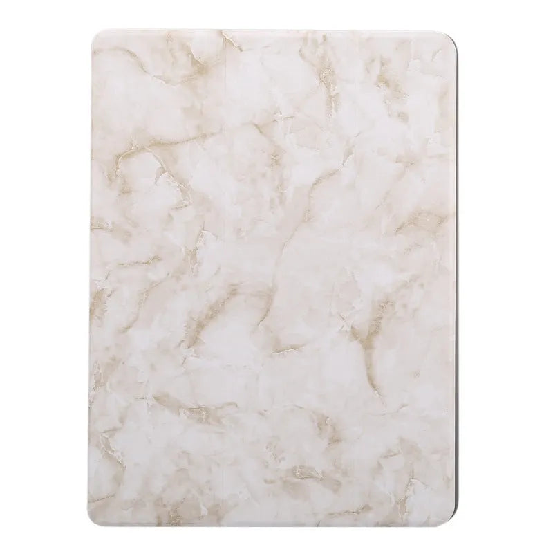 Tri-fold marbling design iPad case with pen slot in dark grey colour showing protective features