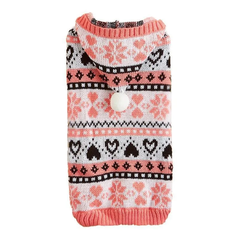 Striped pink blue grey knitted dog sweater with snowflake and camouflage patterns for small Bichon breed.