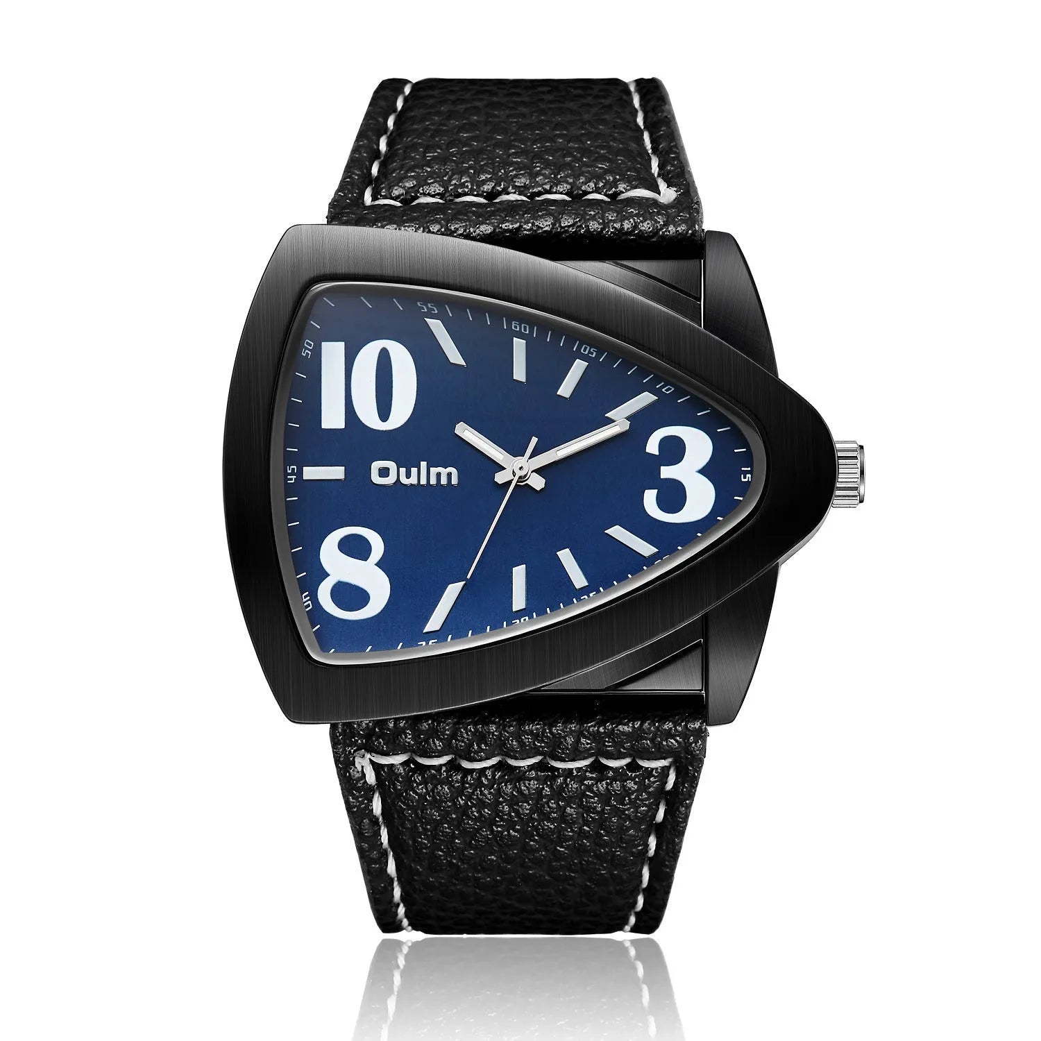 Men's casual watch with a triangular brown leather belt and silver case.